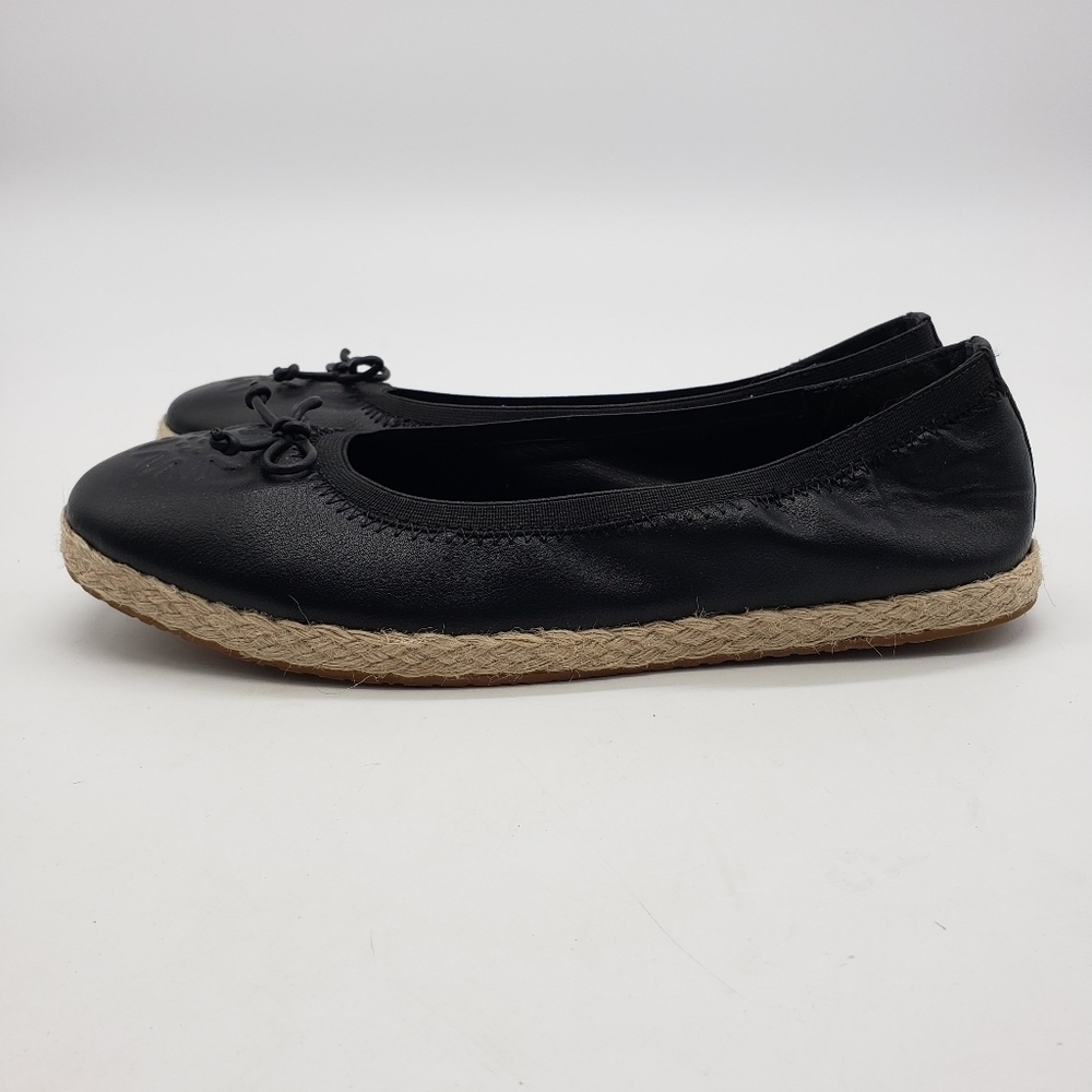 Frye and Co. espadrille flats Women US 7 Black faux leather cream raffia trim - Picture 5 of 11